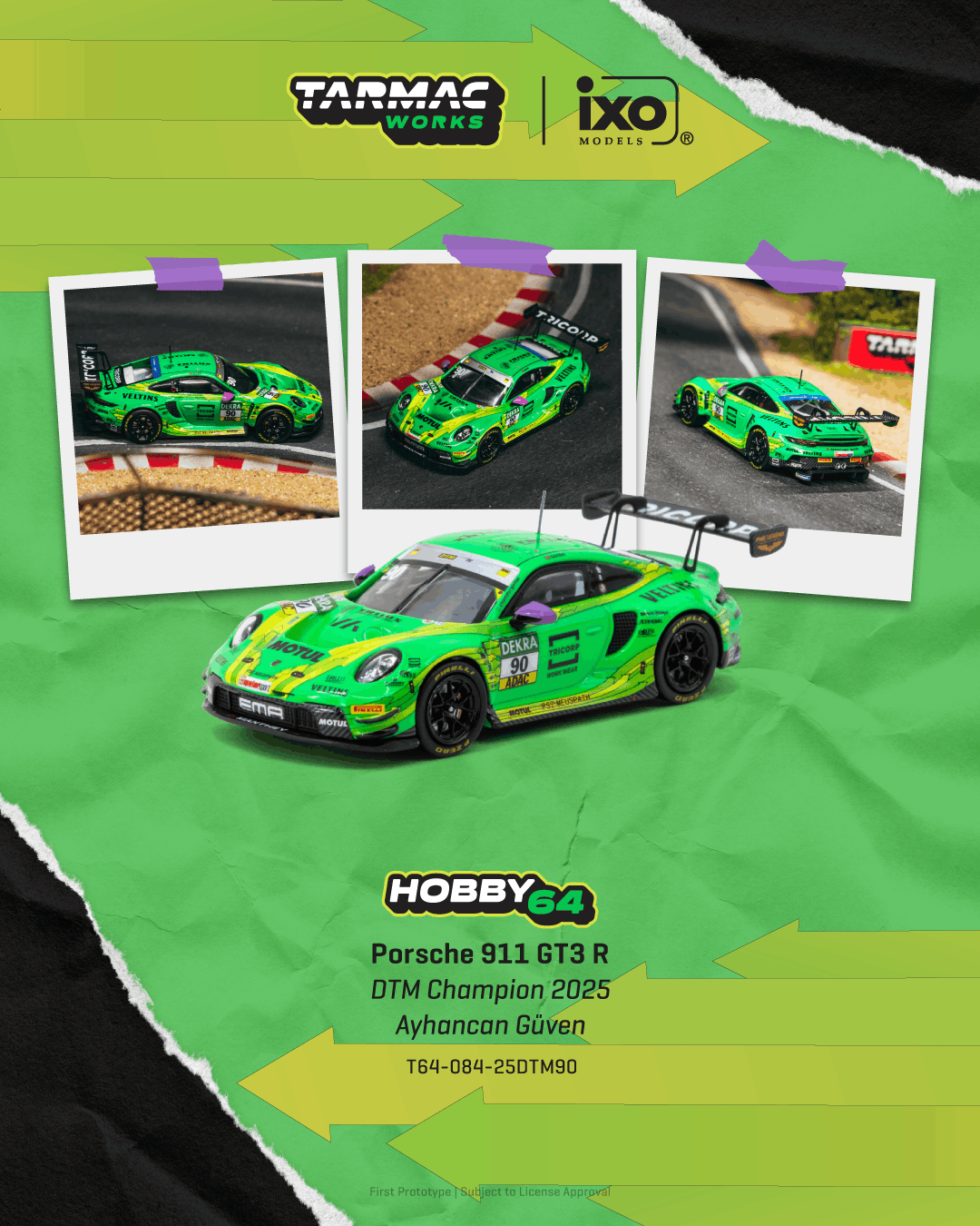 (PRE-ORDER) Tarmac Works HOBBY64 1:64 Porsche 911 GT3 R DTM Champion 2025 Ayhancan Güven (Display Case) T64-084-25DTM90