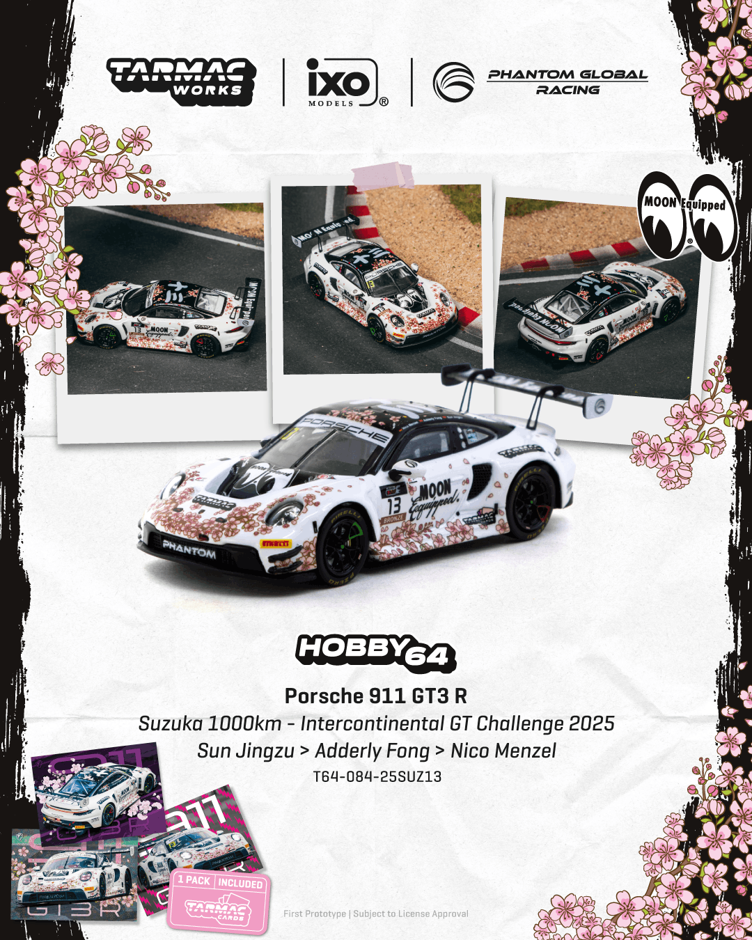 (PRE-ORDER) HOBBY64 1:64 Porsche 911 GT3 R Suzuka 1000km - Intercontinental GT Challenge 2025 Phantom Global Racing Model Car + Trading Cards Combo Set T64-084-25SUZ13
