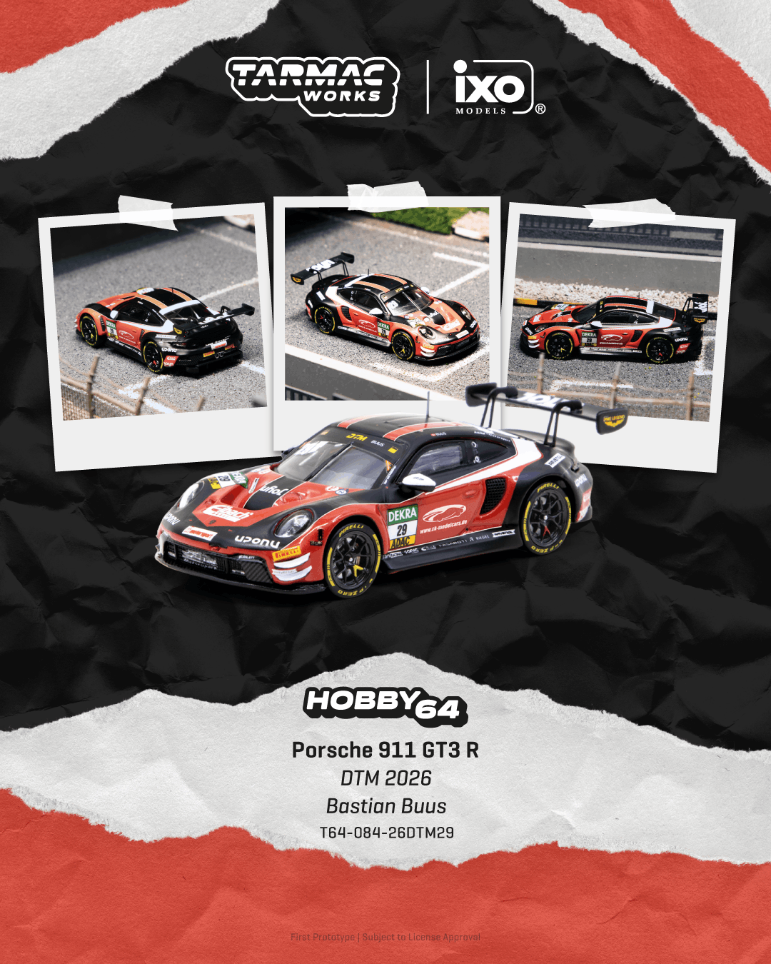(PRE-ORDER) Tarmac Works HOBBY64 1:64 Porsche 911 GT3 R DTM 2026 Bastian Buus (Display Case) T64-084-26DTM29
