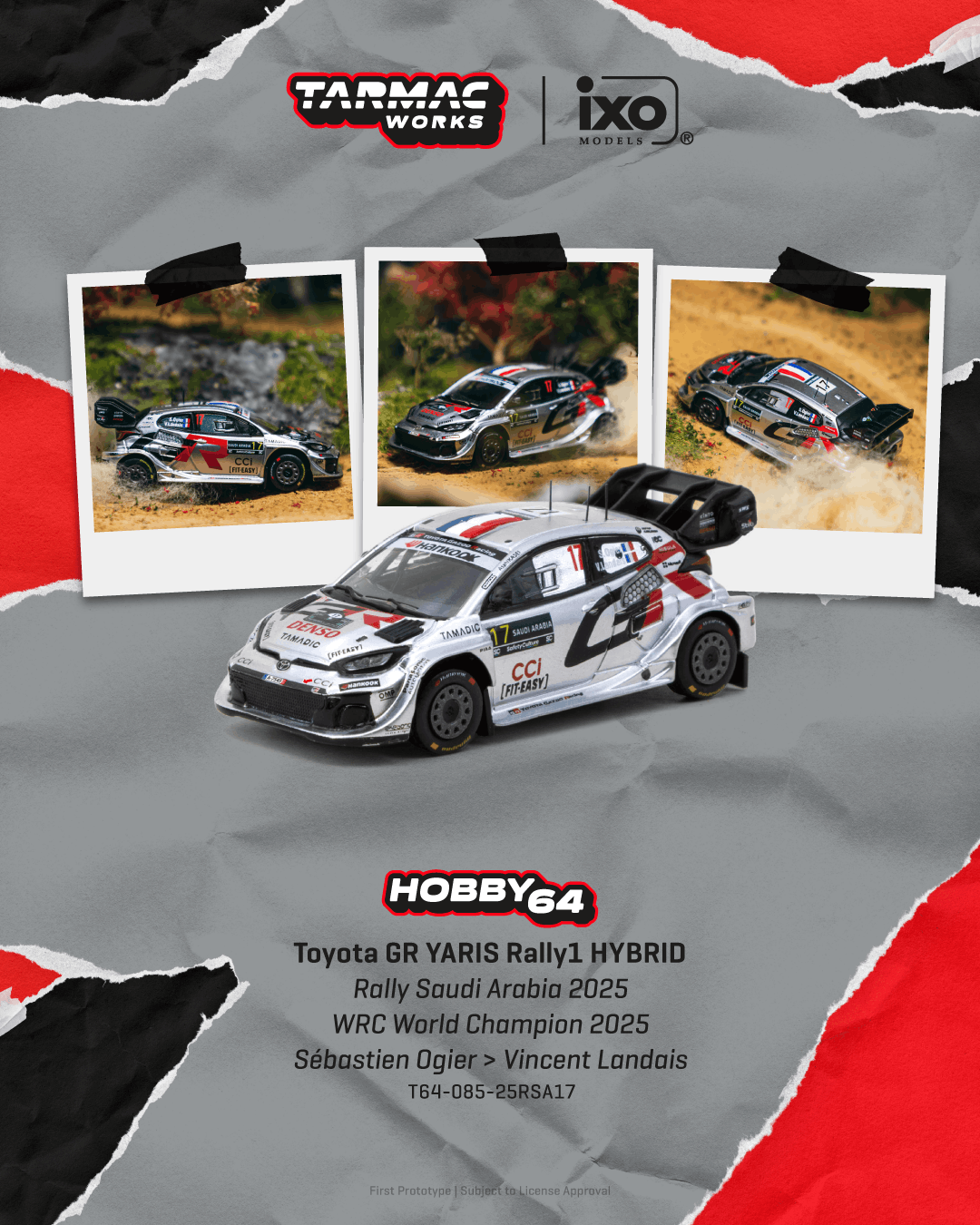 (PRE-ORDER) Tarmac Works HOBBY64 1:64 Toyota GR YARIS Rally1 HYBRID Rally Saudi Arabia 2025 WRC World Champion 2025 (Display Case) T64-085-25RSA17