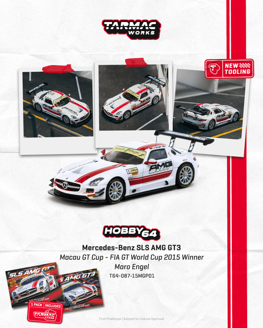 (PRE-ORDER) TARMAC HOBBY64 1:64 Mercedes-Benz SLS AMG GT3 Macau GT Cup - FIA GT World Cup 2015 Winner Maro Engel Model Car + Trading Cards Combo Set T64-087-15MGP01