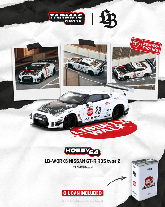 (PRE-ORDER) HOBBY64 1:64 LB-WORKS NISSAN GT-R R35 type 2 White With Metal Oil Can Packaging T64-090-WH