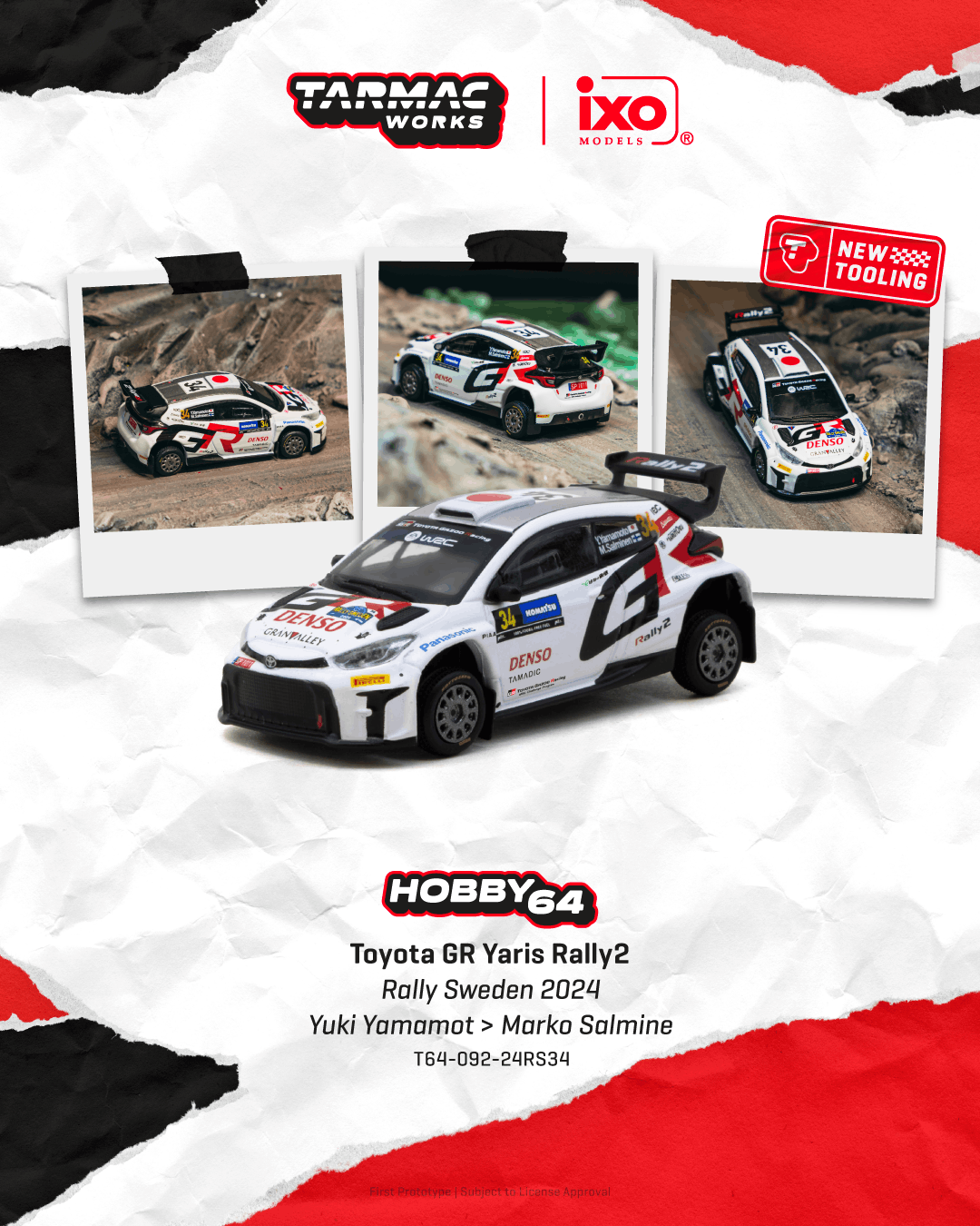 (PRE-ORDER) Tarmac Works HOBBY64 1:64 Toyota GR Yaris Rally2 Rally Sweden 2024 Yuki Yamamoto / Marko Salminen T64-092-24RS34