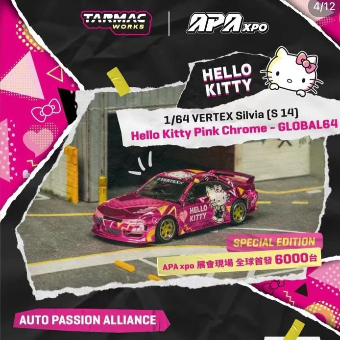 (PRE-ORDER) TARMAC WORKS 1:64 VERTEX Silvia (S14) Hello Kitty Pink Chrome APA XPO 2025 event model T64G-018-HK2