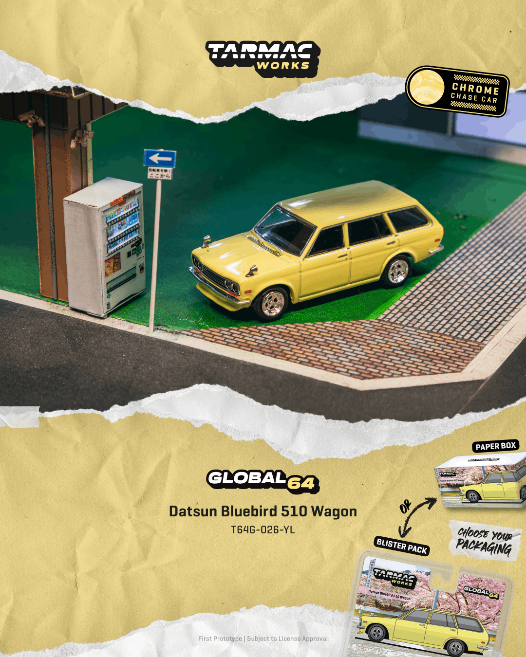 (PRE-ORDER) Tarmac Works GLOBAL64 1:64 Datsun Bluebird 510 Wagon Yellow T64G-026-YL **CHASE CARS ARE RANDOMLY PACKED**