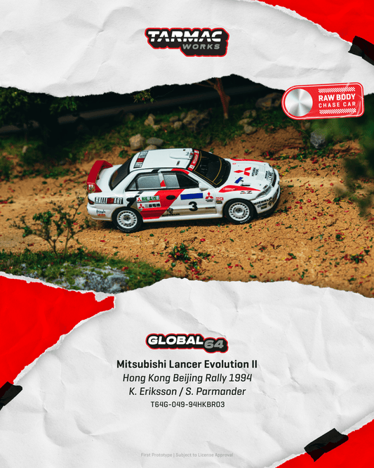 (PRE-ORDER) TARMAC GLOBAL64 1:64 Mitsubishi Lancer Evolution II Hong Kong Beijing Rally 1994 K. Eriksson / S. Parmander T64G-049-94HKBR03