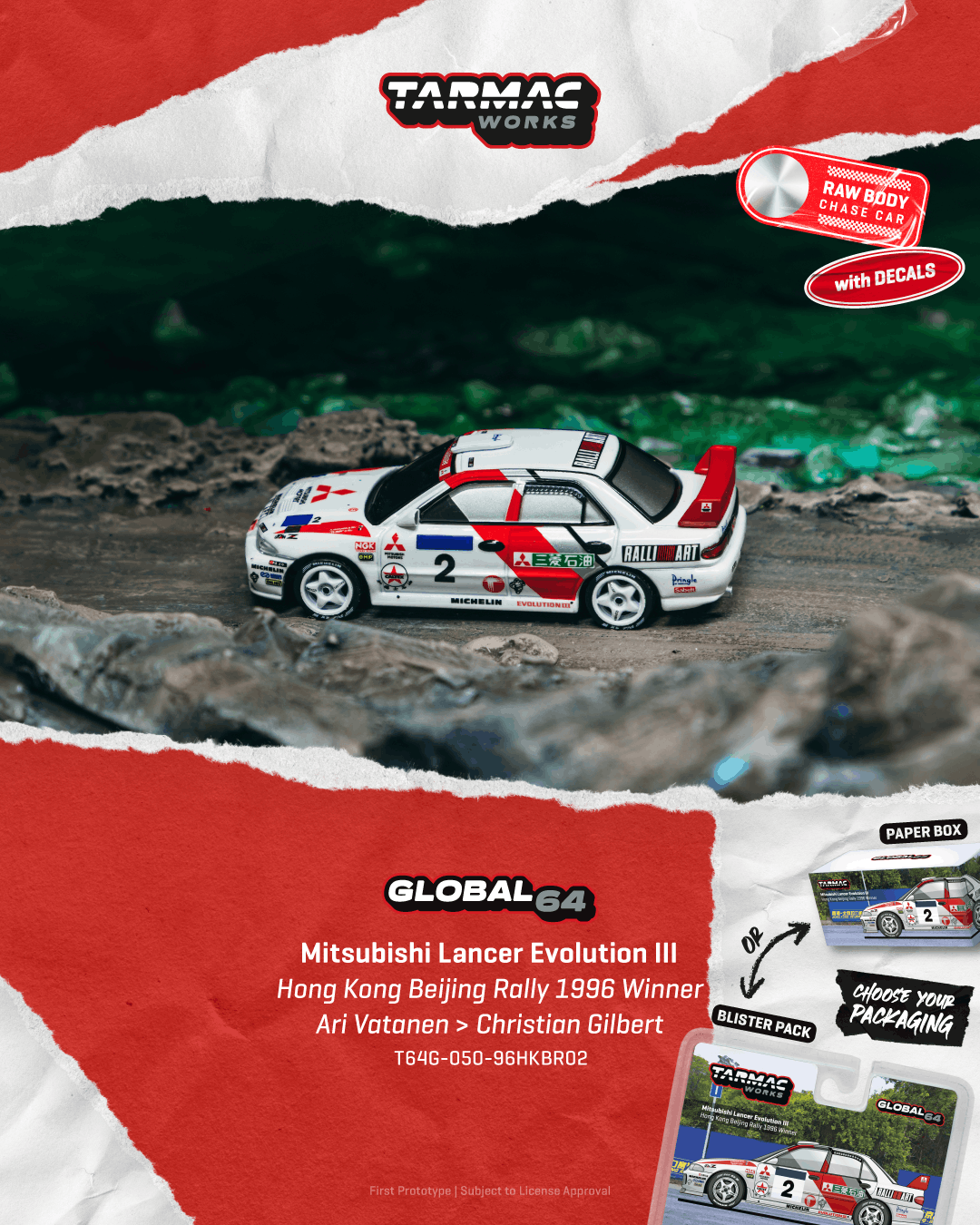 (PRE-ORDER) Tarmac Works 1:64 Mitsubishi Lancer Evolution III Hong Kong Beijing Rally 1996 Winner Ari Vatanen / Christian Gilbert