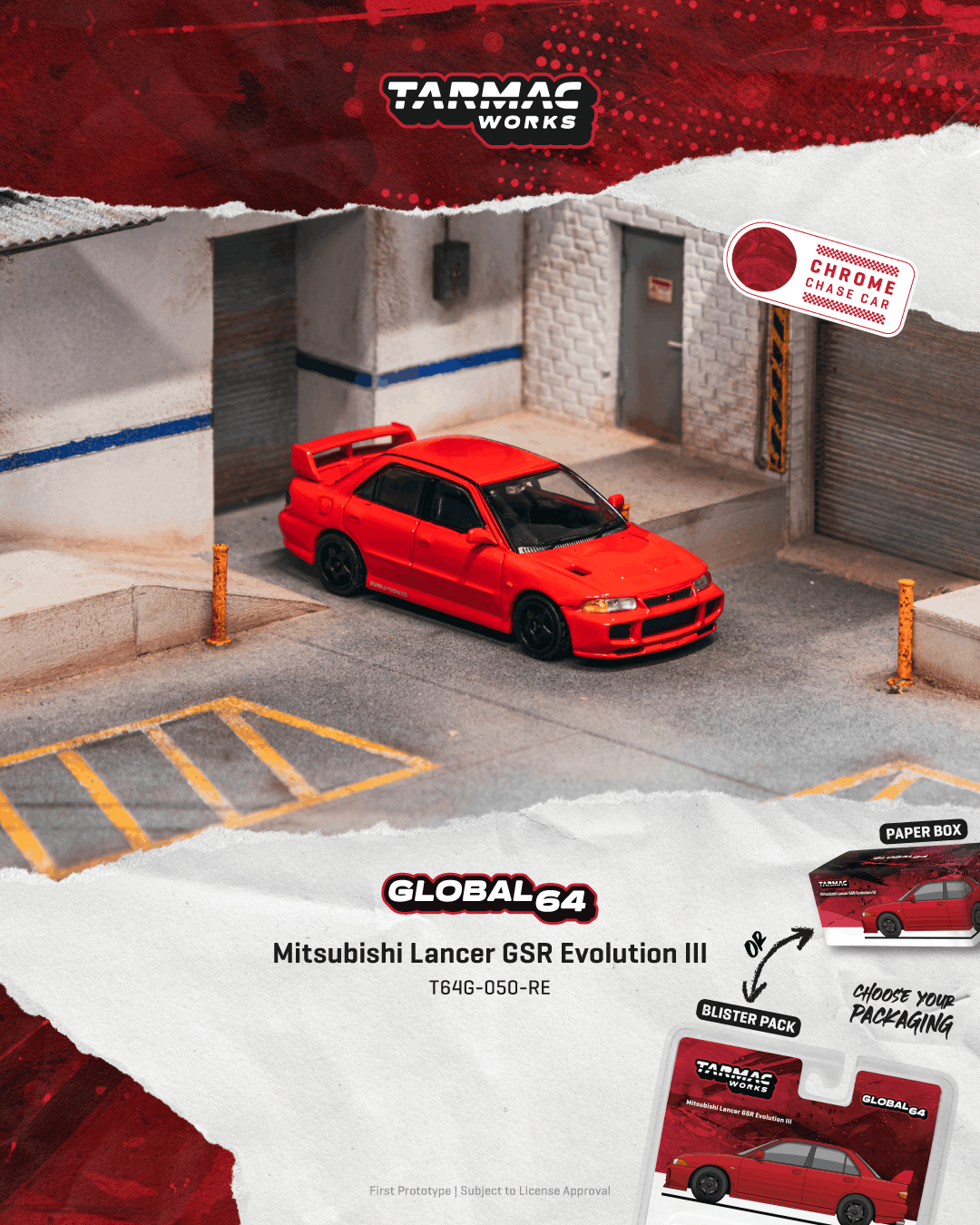 (PRE-ORDER) Tarmac Works GLOBAL64 1:64 Mitsubishi Lancer GSR Evolution III Red T64G-050-RE **CHASE CARS ARE RANDOMLY PACKED**