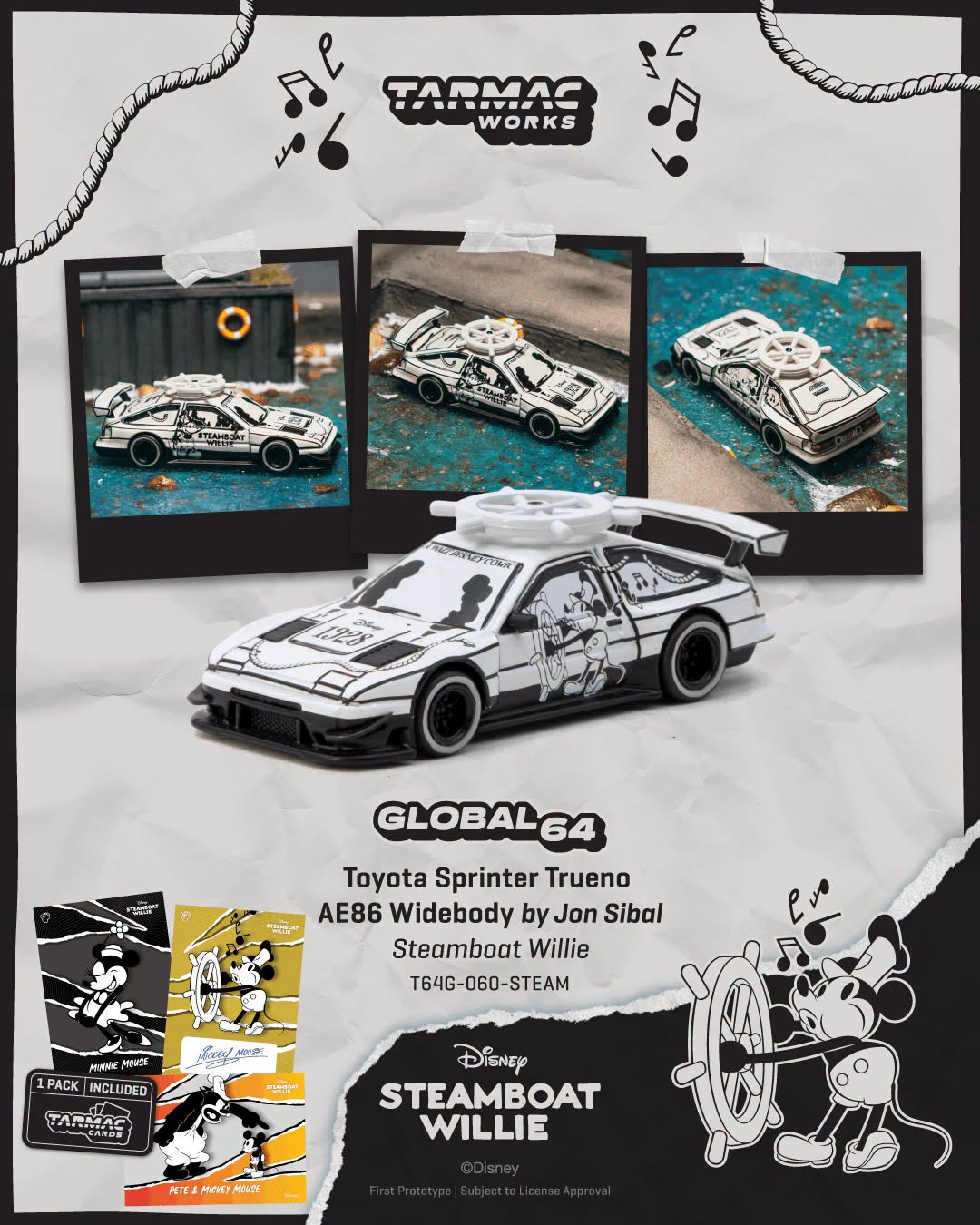 (PRE-ORDER) Tarmac Works 1:64 Toyota Sprinter Trueno AE86 Widebody by Jon Sibal Mickey & Friends Steamboat Willie - Model Car + Tarmac Cards Combo Set T64G-060-STEAM T64G-060-STEAM