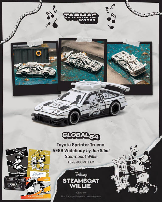 (PRE-ORDER) Tarmac Works 1:64 Toyota Sprinter Trueno AE86 Widebody by Jon Sibal Mickey & Friends Steamboat Willie - Model Car + Tarmac Cards Combo Set T64G-060-STEAM T64G-060-STEAM