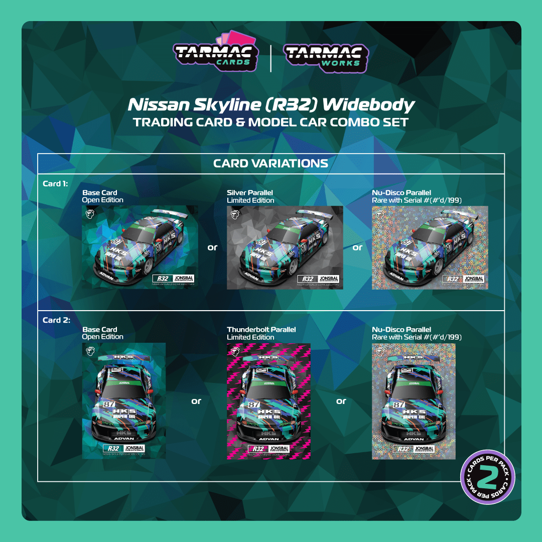 (PRE-ORDER) TARMAC WORKS GLOBAL64 1:64 Nissan Skyline (R32) Widebody HKS Model Car + Trading Cards Combo Set T64G-061-HKS