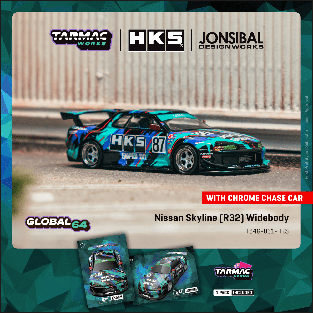 (PRE-ORDER) TARMAC WORKS GLOBAL64 1:64 Nissan Skyline (R32) Widebody HKS Model Car + Trading Cards Combo Set T64G-061-HKS