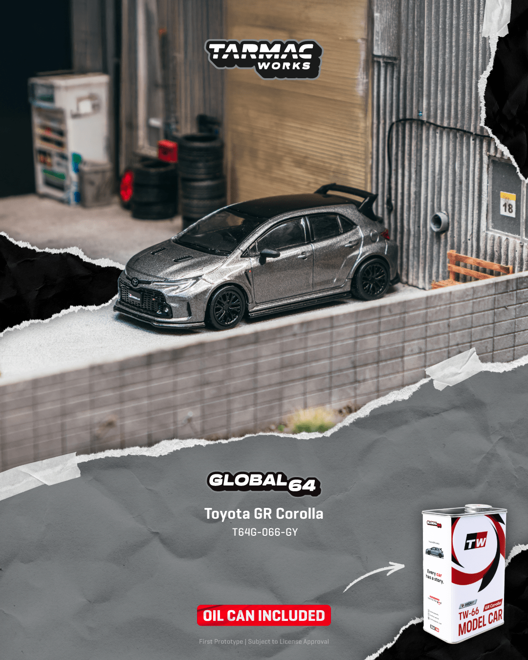 (PRE-ORDER) TARMAC GLOBAL64 1:64 Toyota GR Corolla Grey with Metal Oil Can Packaging T64G-066-GY