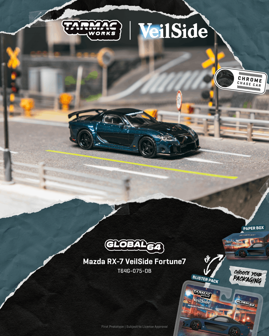 (PRE-ORDER) Tarmac Works GLOBAL64 1:64 Mazda RX-7 VeilSide Fortune7 Dark Blue / Black T64G-075-DB **CHASE CARS ARE RANDOMLY PACKED**
