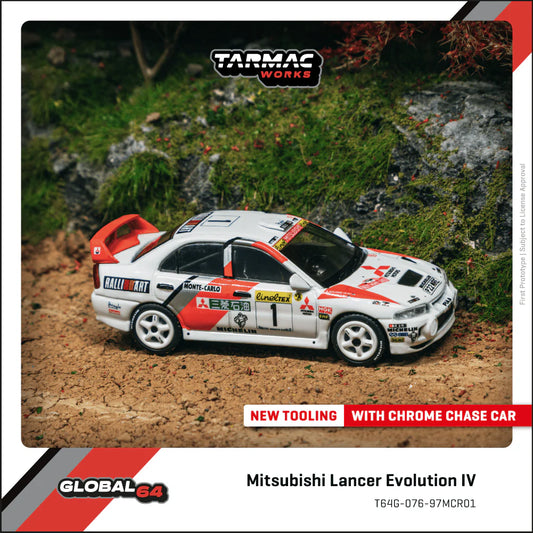 (PRE-ORDER) TARMAC WORKS GLOBAL64 1:64 Mitsubishi Lancer Evolution IV Rallye Monte-Carlo 1997 Tommi Mäkinen / Seppo Harjanne T64G-076-97MCR01