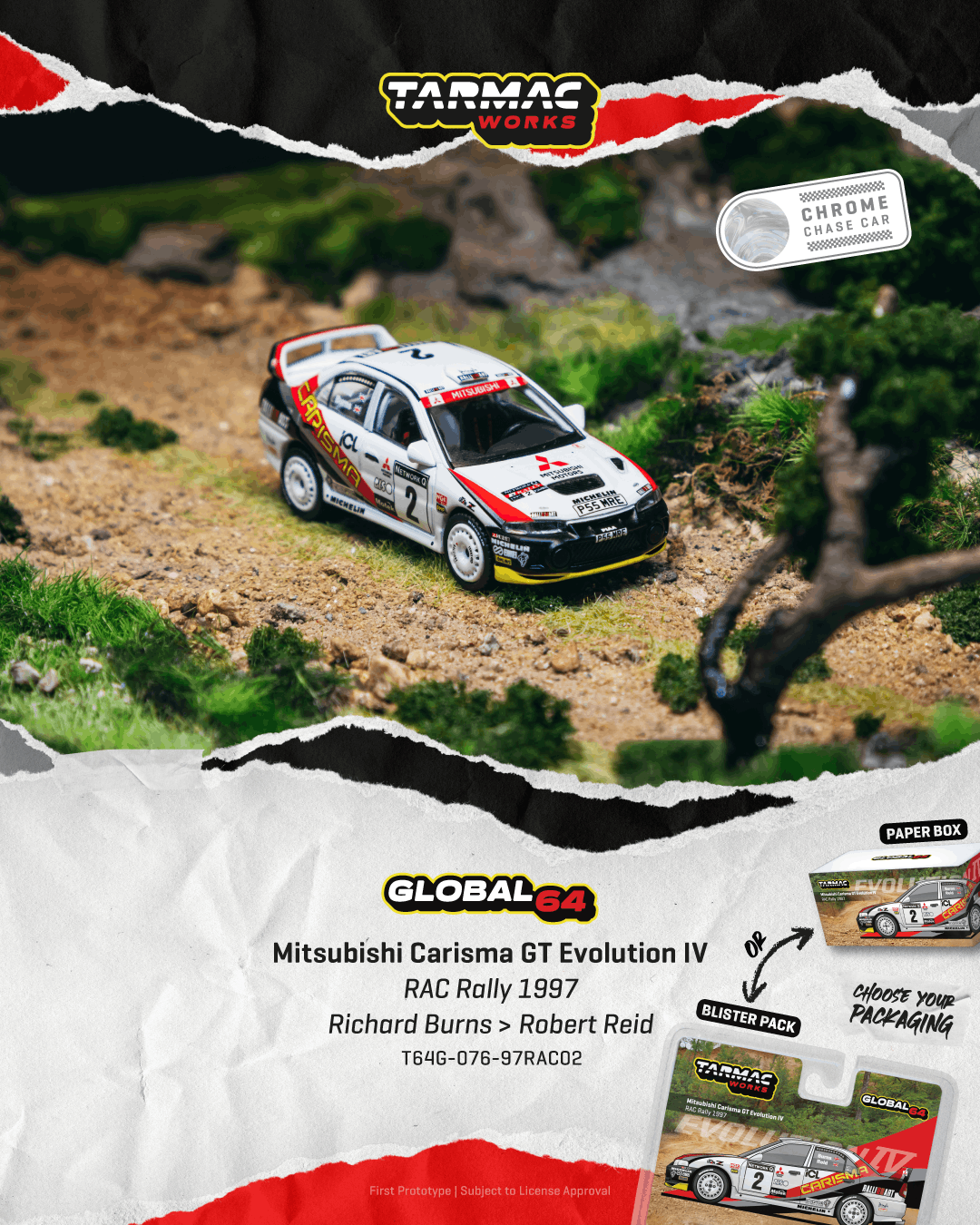(PRE-ORDER) Tarmac Works GLOBAL64 1:64 Mitsubishi Carisma GT Evolution IV RAC Rally 1997 Richard Burns / Robert Reid T64G-076-97RAC02 **CHASE CARS ARE RANDOMLY PACKED**