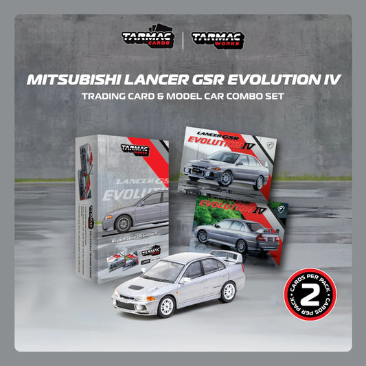 (PRE-ORDER) TARMAC WORKS GLOBAL64 1/64 Mitsubishi Lancer GSR Evolution IV Silver Model Car + Trading Cards Combo Set T64G-076-SL