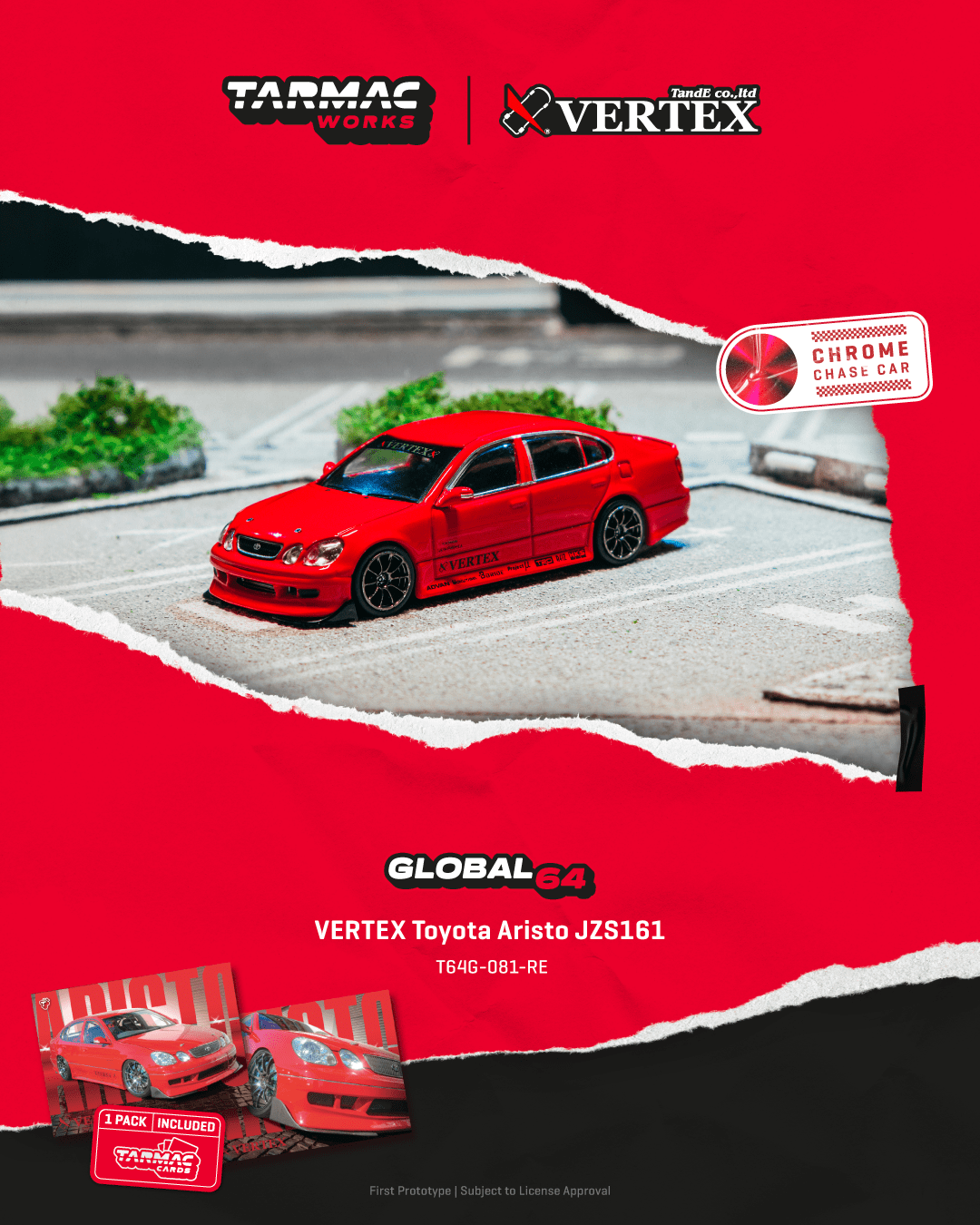 (PRE-ORDER) TARMAC WORKS GLOBAL64 1:64 VERTEX Toyota Aristo JZS161 Red Model Car + Trading Cards Combo Set T64G-081-RE