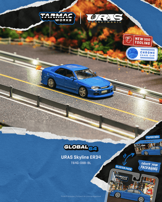 (PRE-ORDER) Tarmac Works GLOBAL64 1:64 URAS Skyline ER34 Blue T64G-088-BL **CHASE CARS ARE RANDOMLY PACKED**