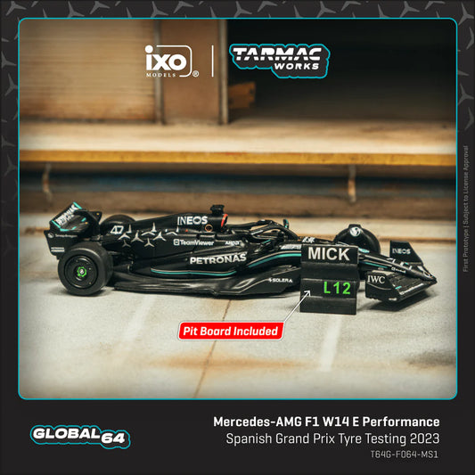 (PRE-ORDER) TARMAC WORKS GLOBAL64 1:64 Mercedes-AMG F1 W14 E Performance Spanish Grand Prix Tyre Testing 2023 Mick Schumacher - With pit board T64G-F064-MS1