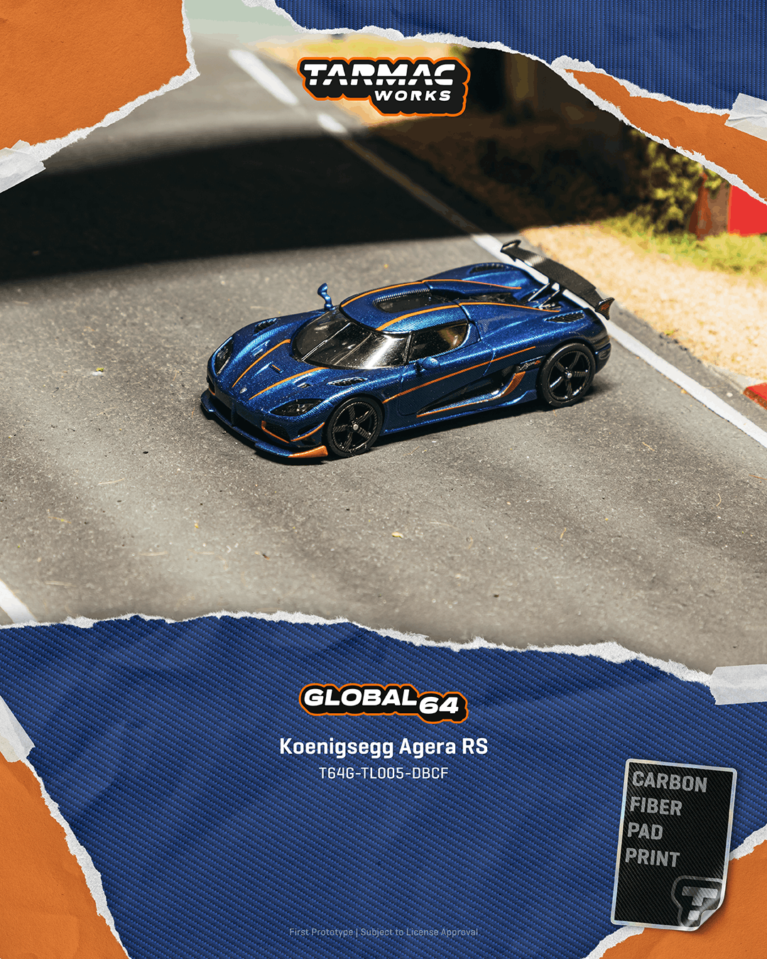 (PRE-ORDER) Tarmac Works GLOBAL64 1:64 Koenigsegg Agera RS Dark Blue Carbon Fiber / Orange Accents T64G-TL005-DBCF