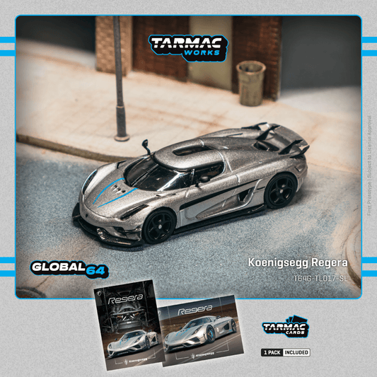 (PRE-ORDER) TARMAC WORKS GLOBAL64 1:64 Koenigsegg Regera Silver Metallic / Blue Accents Model Car + Trading Cards Combo Set T64G-TL017-SL