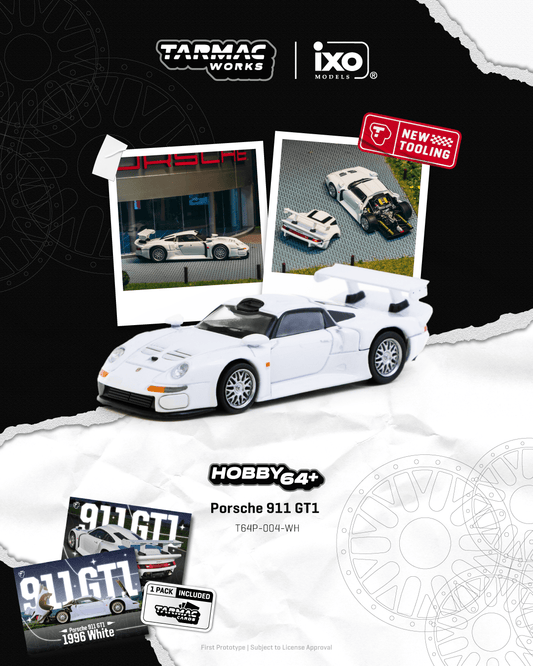 (PRE-ORDER) TARMAC WORKS HOBBY64+ 1:64 Porsche 911 GT1 White Model Car + Trading Cards Combo Set T64P-004-WH
