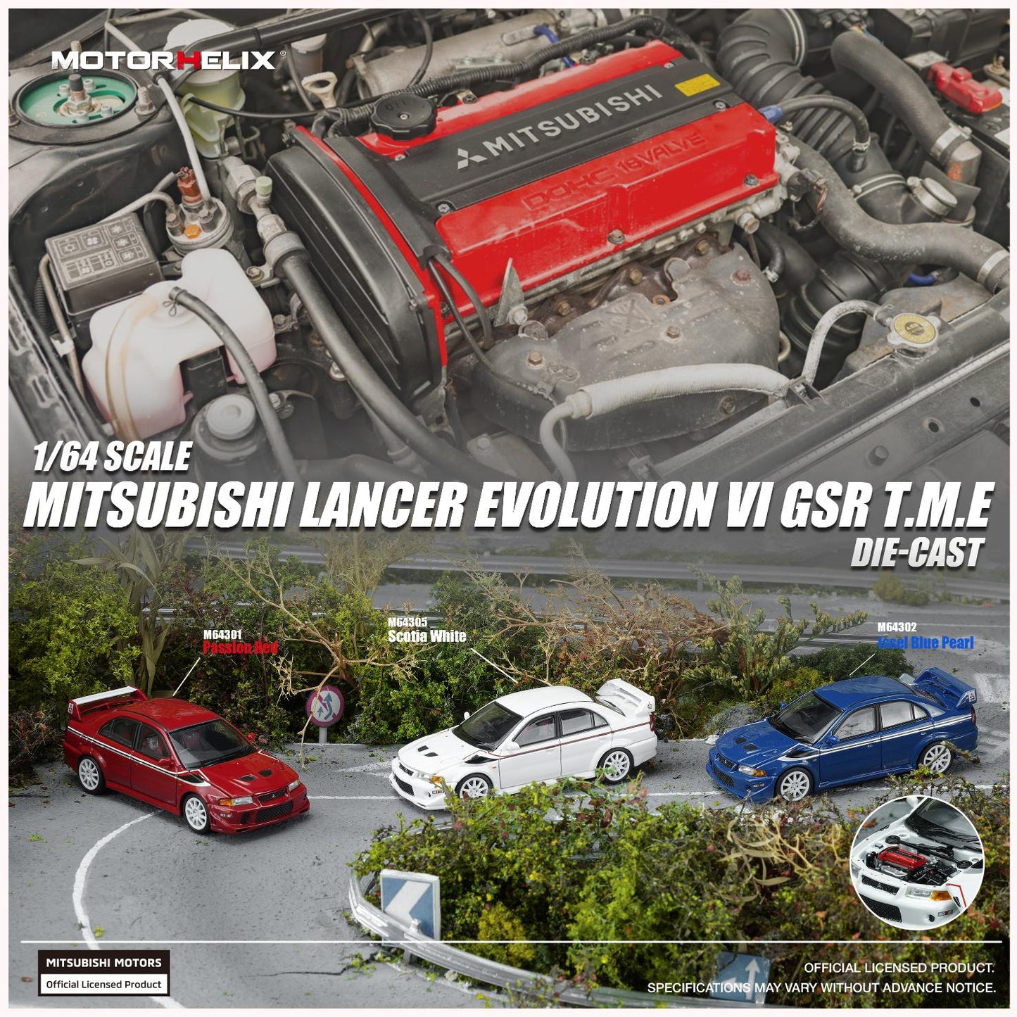 (PRE-ORDER) Motorhelix 1:64 Mitsubishi Lancer Evolution VI GSR T.M.E Passion Red with livery M64301