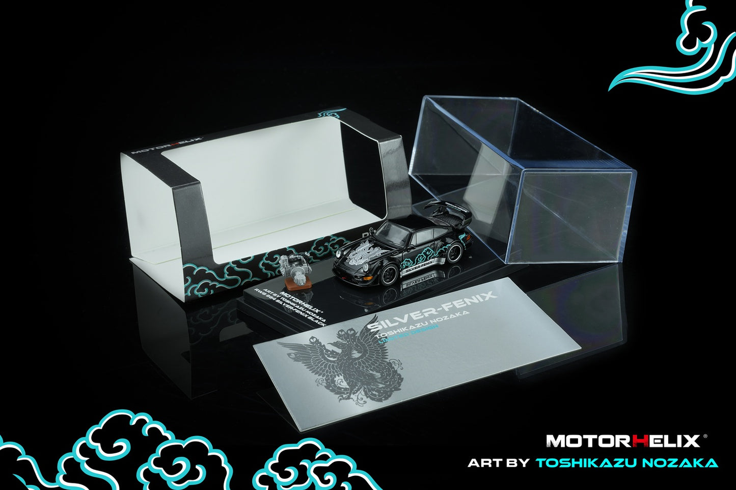 (PRE-ORDER) Motorhelix 1:64 RWB 964 Black SILVER-FENIX with 1:64 magnetic air-cooled engine M62102