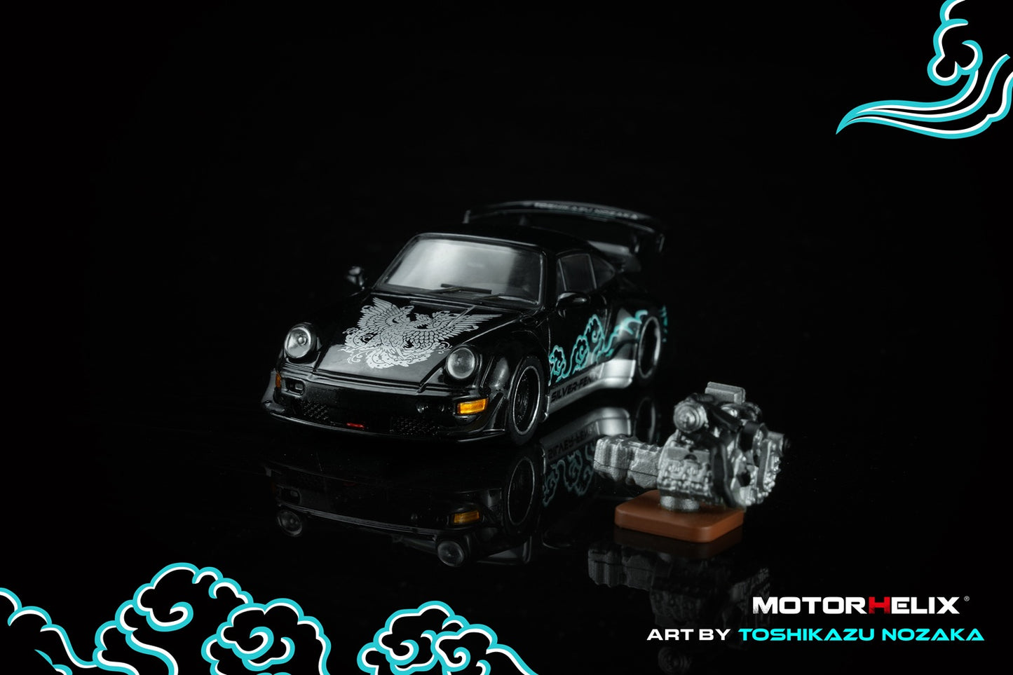 (PRE-ORDER) Motorhelix 1:64 RWB 964 Black SILVER-FENIX with 1:64 magnetic air-cooled engine M62102