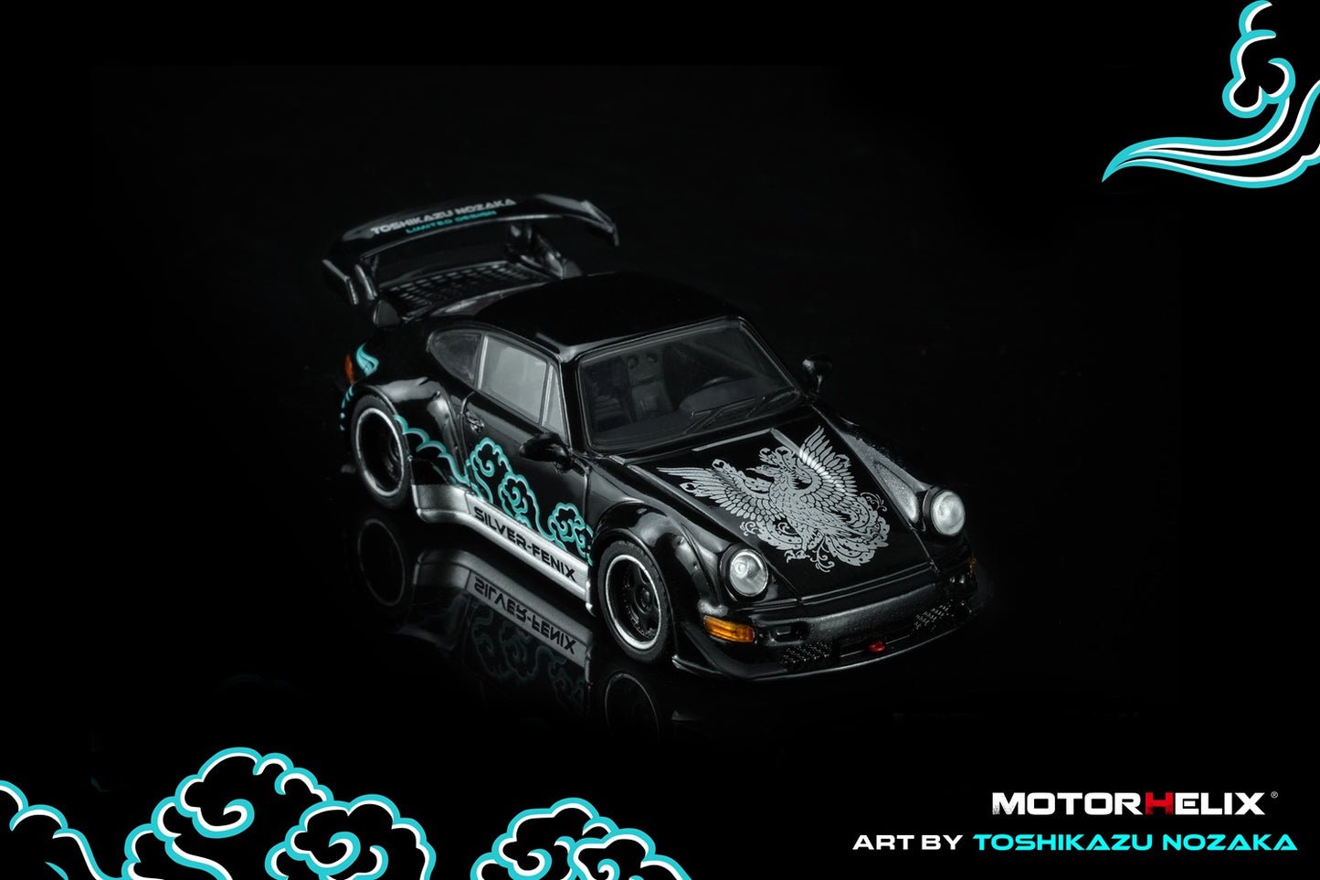 (PRE-ORDER) Motorhelix 1:64 RWB 964 Black SILVER-FENIX with 1:64 magnetic air-cooled engine M62102