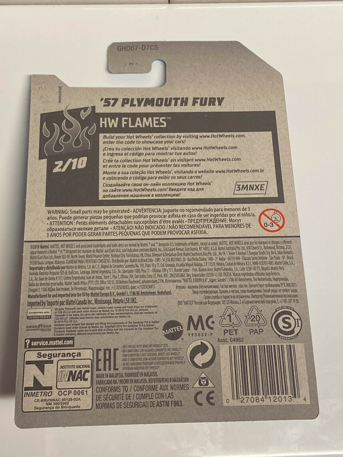 2020 Hot Wheels HW Flames #2/10 '57 Plymouth Fury #168/250 International Card