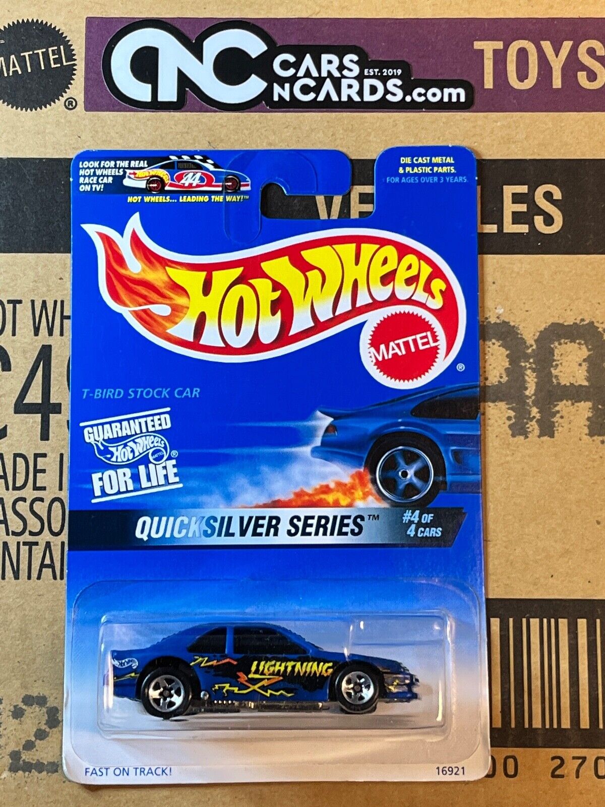 1997 Hot Wheels Quicksilver Series #4/4 T-Bird Stock Car Lightning Blue NIP