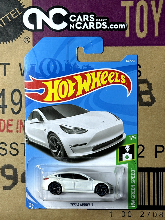 2019 Hot Wheels HW Green Speed 1/5 Tesla Model 3 White (Cracked Blister)