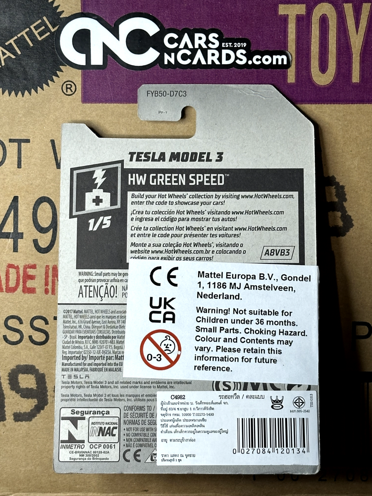2019 Hot Wheels HW Green Speed 1/5 Tesla Model 3 White (Cracked Blister)